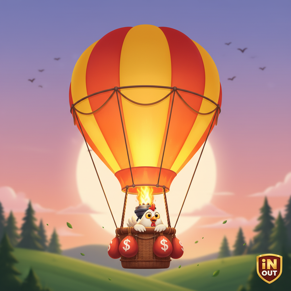 BalloniX Crash Game Heißluftballon mit Huhn-Pilot in Abenddämmerung, innovatives Casino-Spiel von InOut Gaming
