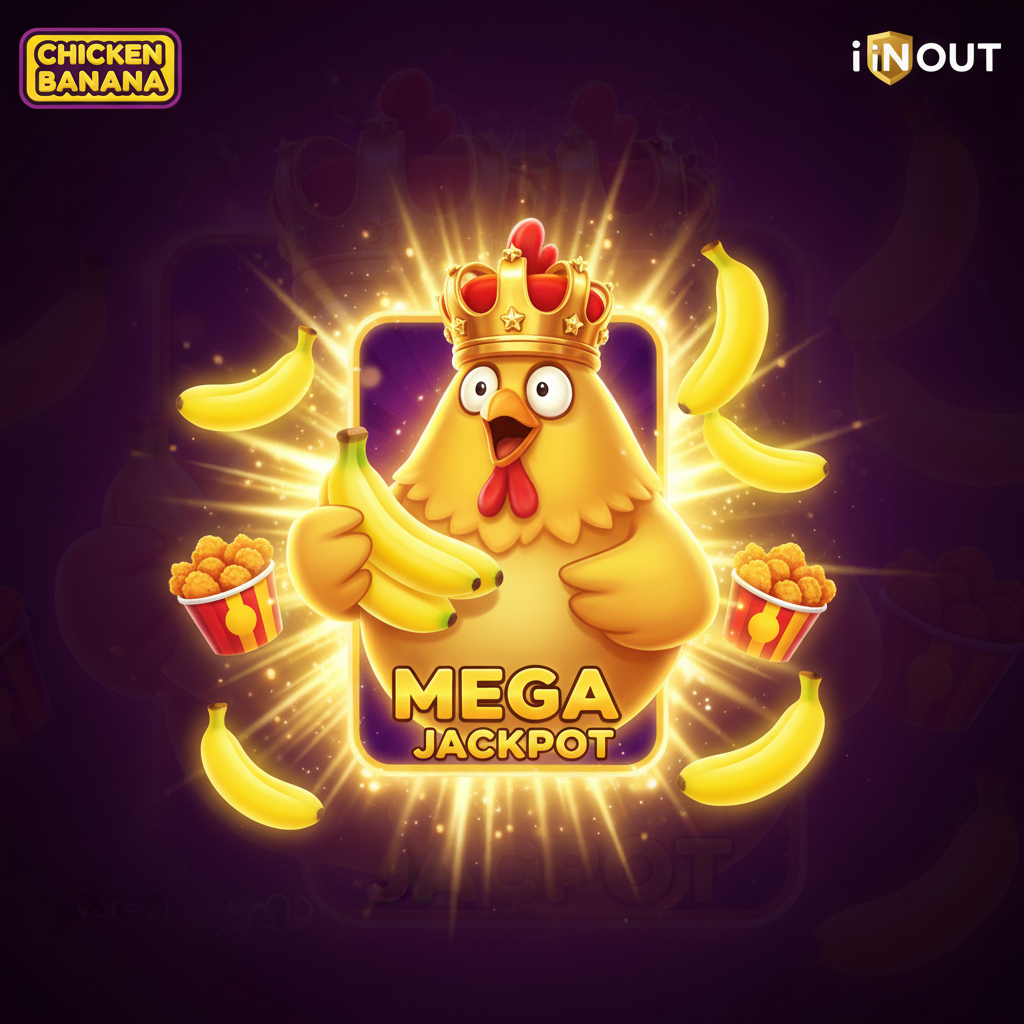 Chicken Banana slot game - golden jackpot chicken character wearing crown with bananas and purple background, featuring Mini Major and Mega jackpot multipliers