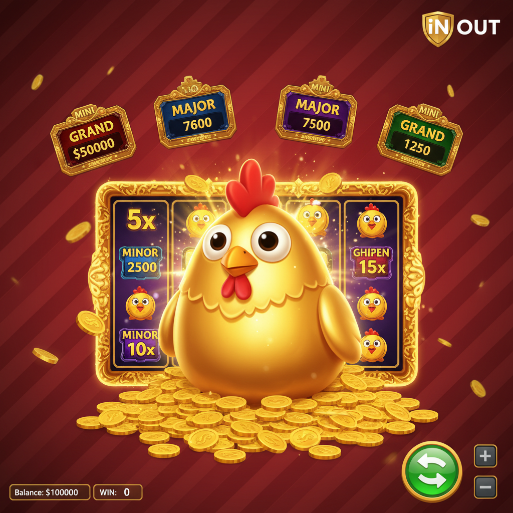 Chicken Coin Hold and Win slot machine con mascotte gallina dorata, monete Super Chicken Coin brillanti e simboli jackpot GRAND, MAJOR, MINOR e MINI su sfondo rosso regale