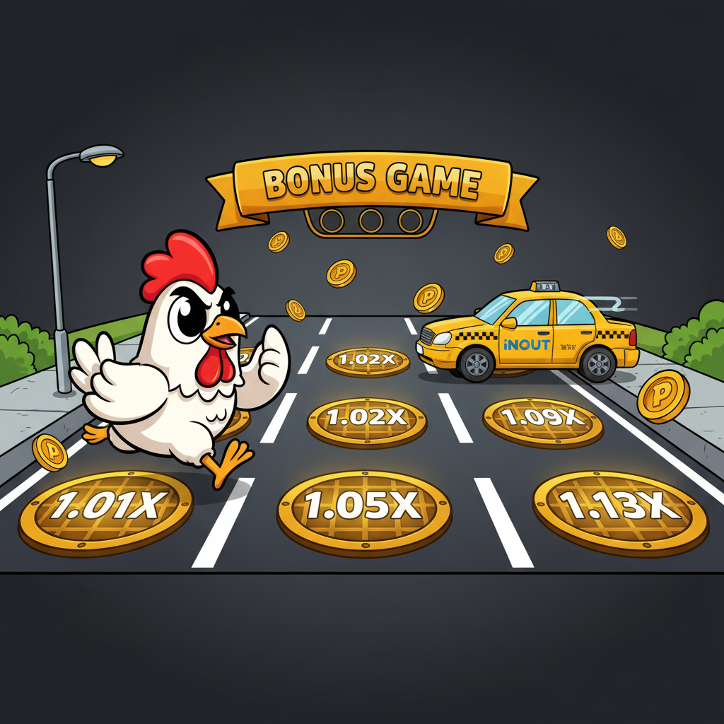 Chicken Road 2 Bonus slot game - cartoon chicken character crossing dangerous multi-lane road with golden multiplier manhole covers and traffic