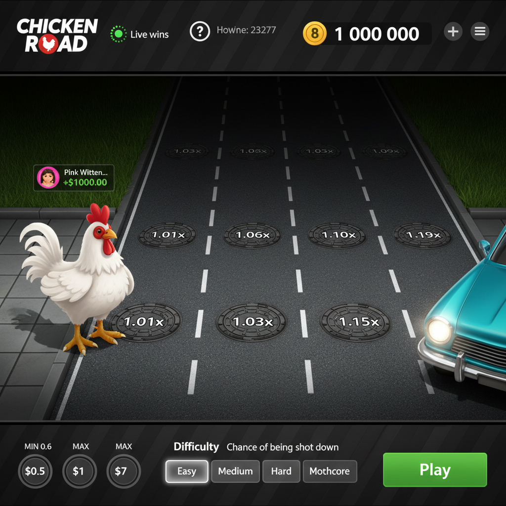 Chicken Road 2 - Gallina bianca che attraversa un'autostrada a sei corsie con tombini moltiplicatori, gioco di InOut Games con meccanica Frogger