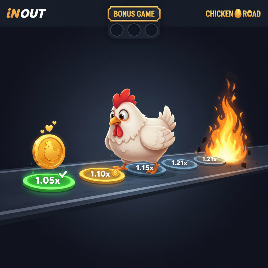 Chicken Road Bonus slot machine - gallina cartoon che attraversa corsie stradali pericolose con cerchi moltiplicatori verdi, uovo d'oro e effetti fuoco arancione