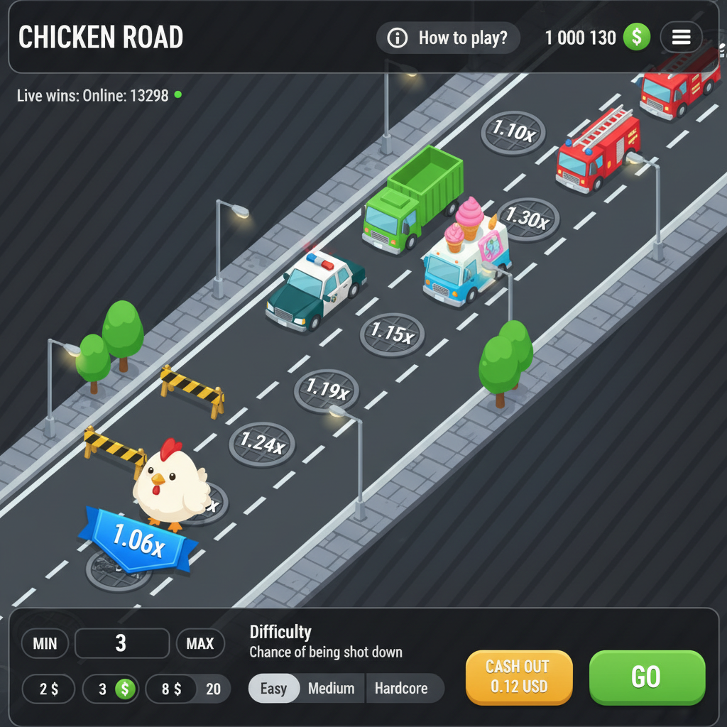 Chicken Road gioco crash con pollo cartoon che attraversa corsie stradali evitando auto colorate, moltiplicatori su tombini e barriere gialle e nere