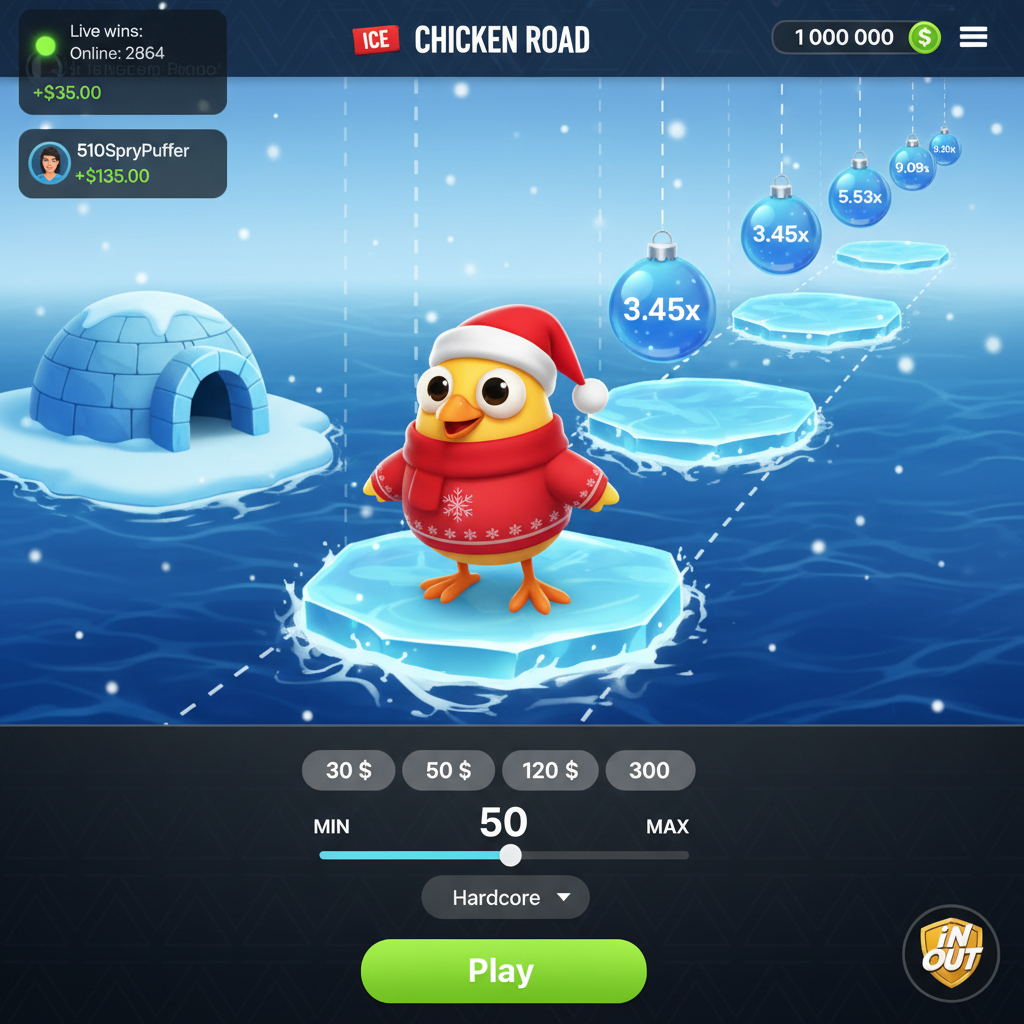 Chicken Road Ice slot game: chicken character wearing Santa hat crossing turquoise ice plates over water with blue Christmas ornaments showing multipliers above in arctic winter theme