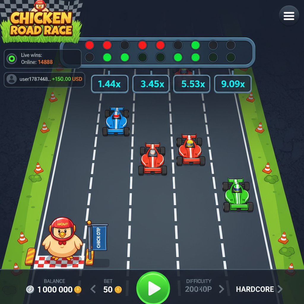Chicken Road Race slot game: cartoon chicken mascot in red racing helmet navigating top-down highway lanes avoiding colorful racing cars