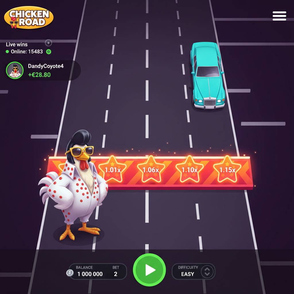 Chicken Road Vegas slot game - pollo Elvis che attraversa l'autostrada di Las Vegas evitando auto di lusso color ciano con moltiplicatori a stella arancione, luci al neon rosa e viola, ambientazione Vegas con palme