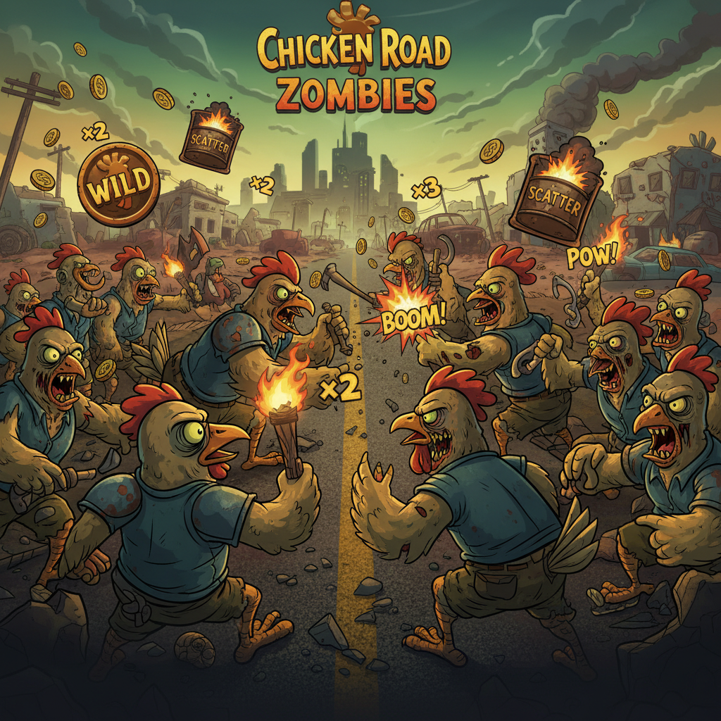 Chicken Road Zombies slot machine - scena di battaglia apocalittica con polli guerrieri armati che combattono contro un'orda di zombie, simboli del gioco e atmosfera post-apocalittica