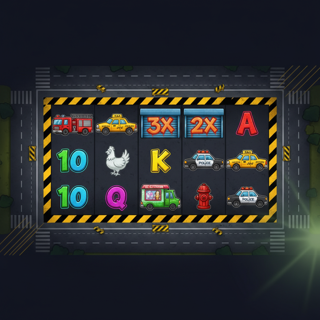 Chicken Royal slot di InOut: gallina cartoon su strada urbana con graffiti, simboli Wild con moltiplicatori x2 e x3, veicoli urbani taxi polizia e camion dei pompieri su griglia 5x3