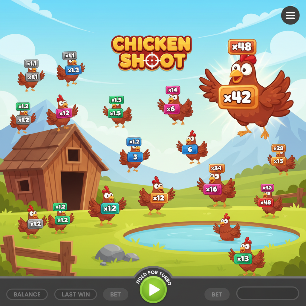 Chicken Shoot Spielansicht mit bunten Cartoon-Hühnern auf einer Farm-Landschaft, jedes Huhn trägt einen Multiplikator-Badge von x1.1 bis x48, helle Sommerwiese mit Holzschuppen und Teich im Hintergrund