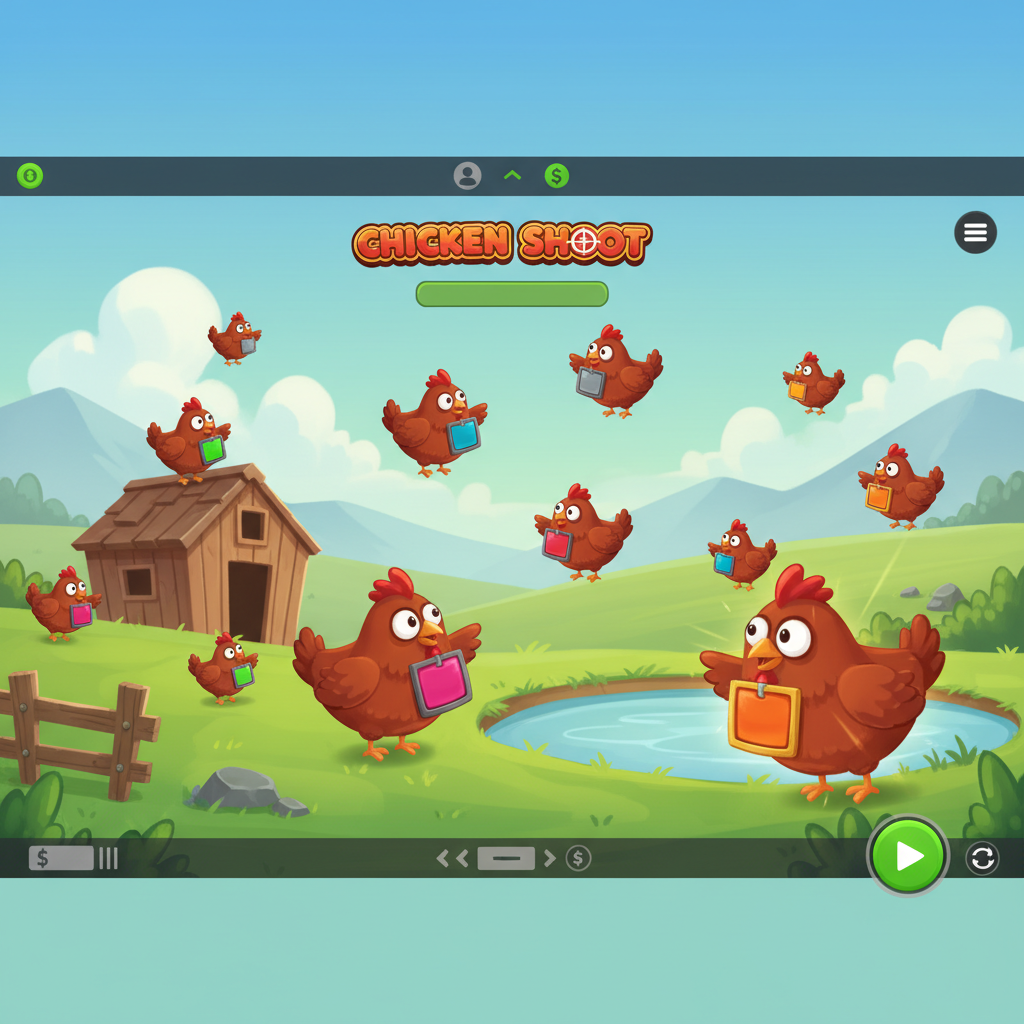 Chicken Shoot spelskärm med tecknade hönor som bär multiplikatorvärden från x1.1 till x48 på en färgglad bondgård med grön gräsmatta och blå himmel
